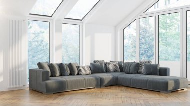 Modern tasarım oturma odası. Güzel manzarası var. 3d oluşturma