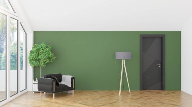 Modern tasarım oturma odası. Güzel manzarası var. 3d oluşturma