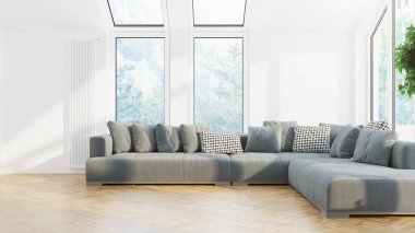 Modern tasarım oturma odası. Güzel manzarası var. 3d oluşturma