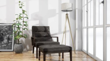 Modern tasarım oturma odası. Güzel manzarası var. 3d oluşturma