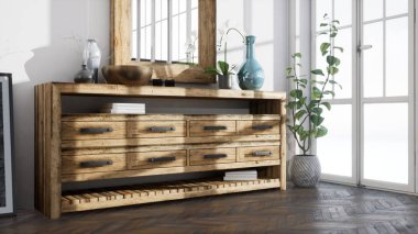 Modern tasarım oturma odası. Güzel manzarası var. 3d oluşturma