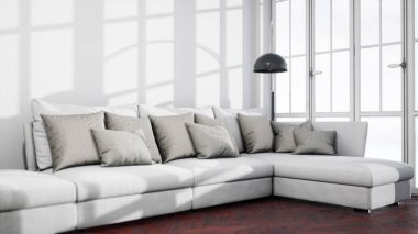Modern tasarım oturma odası. Güzel manzarası var. 3d oluşturma