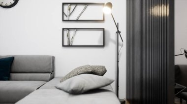 Modern tasarım oturma odası. Güzel manzarası var. 3d oluşturma