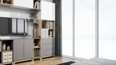 Modern tasarım oturma odası. Güzel manzarası var. 3d oluşturma