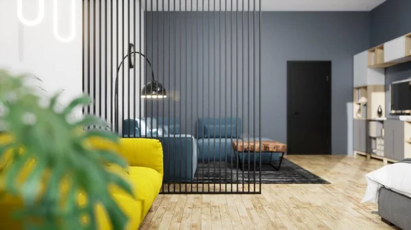 Desain modern interior ruang tamu dengan pemandangan yang indah. Perender 3D — Stok Foto