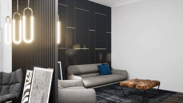 Moderní design interiér obývacího pokoje s krásným výhledem. 3D vykreslování — Stock fotografie