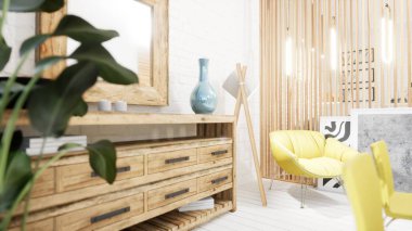 Modern tasarım oturma odası İskandinav tarzında. 3d oluşturma