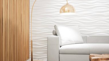 Modern tasarım oturma odası İskandinav tarzında. 3d oluşturma