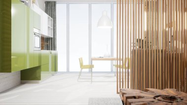 Modern tasarım oturma odası İskandinav tarzında. 3d oluşturma