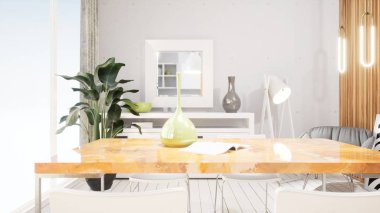 Modern tasarım oturma odası İskandinav tarzında. 3d oluşturma