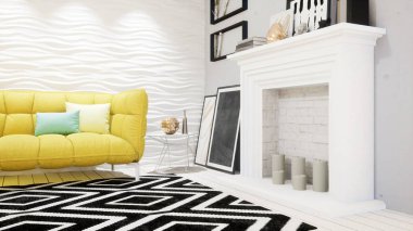 Modern tasarım oturma odası İskandinav tarzında. 3d oluşturma