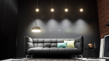 Modern tasarım oturma odası İskandinav tarzında. 3d oluşturma