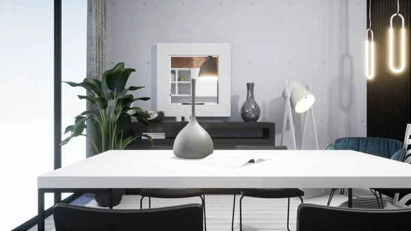 Interior de salón de diseño moderno en estilo escandinavo. Renderizado 3D — Foto de Stock