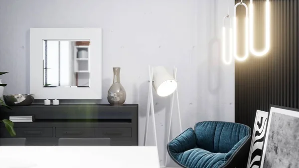 Современный дизайн интерьера гостиной в скандинавском стиле. 3D рендеринг — стоковое фото