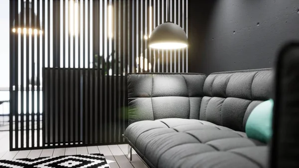 现代设计客厅内部为斯堪的纳维亚风格。 3d渲染 — 图库照片