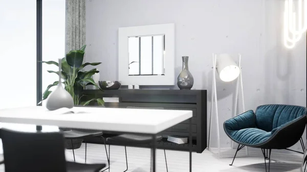 현대적 인 디자인 거실은 스칸디나비아식으로 설계되었다. 3D 렌더링 — 스톡 사진