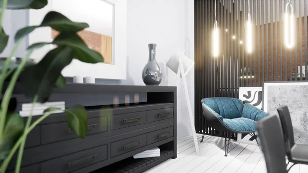 Modern design vardagsrum inredning i skandinavisk stil. 3d-konvertering — Stockfoto