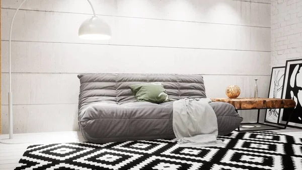 Modernes Wohnzimmerdesign im skandinavischen Stil. 3D-Darstellung — Stockfoto