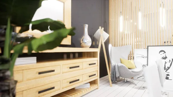 Moderní design interiér obývacího pokoje ve skandinávském stylu. 3D vykreslování — Stock fotografie