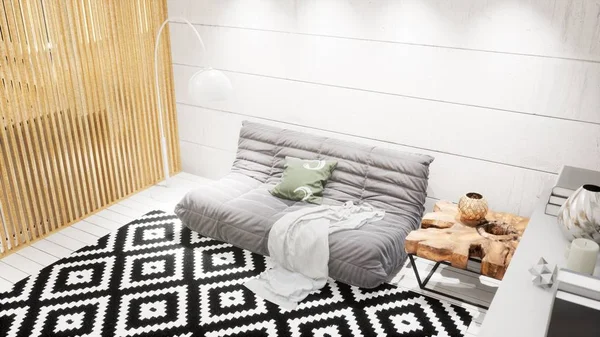Design moderno sala de estar interior em estilo escandinavo. Renderização 3D — Fotografia de Stock
