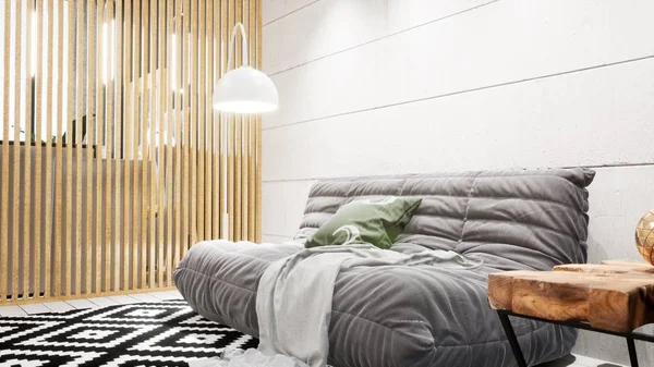 Сучасний дизайн житлової кімнати в скандинавському стилі. 3d рендеринг — стокове фото