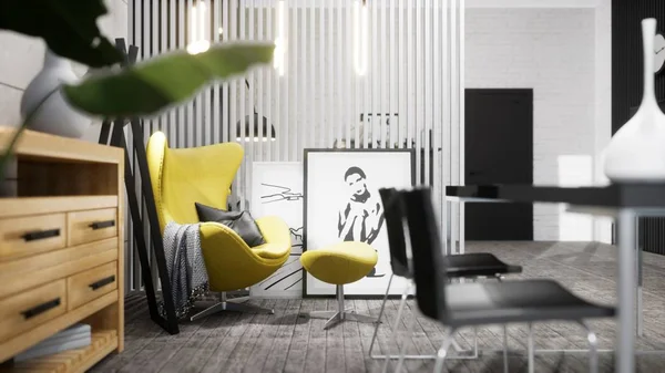 Nowoczesny design wnętrza pokoju dziennego w stylu skandynawskim. 3d renderowanie — Zdjęcie stockowe