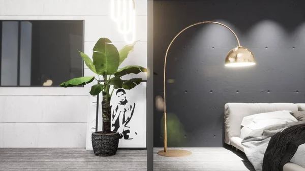 Сучасний дизайн житлової кімнати в скандинавському стилі. 3d рендеринг — стокове фото