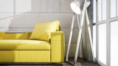 Modern tasarım oturma odası İskandinav tarzında. 3d oluşturma