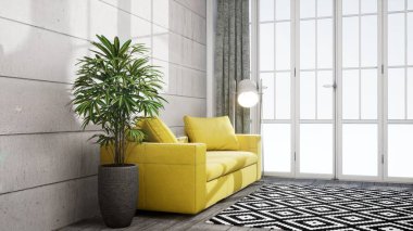 Modern tasarım oturma odası İskandinav tarzında. 3d oluşturma