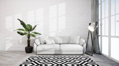 Modern tasarım oturma odası İskandinav tarzında. 3d oluşturma
