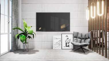 Modern tasarım oturma odası İskandinav tarzında. 3d oluşturma