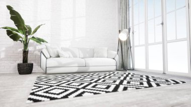 Modern tasarım oturma odası İskandinav tarzında. 3d oluşturma