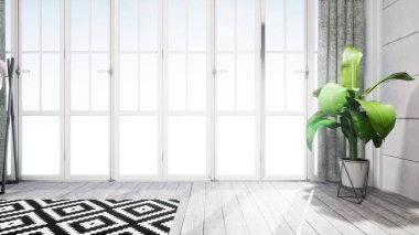 Modern tasarım oturma odası İskandinav tarzında. 3d oluşturma