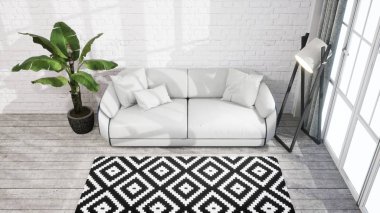 Modern tasarım oturma odası İskandinav tarzında. 3d oluşturma