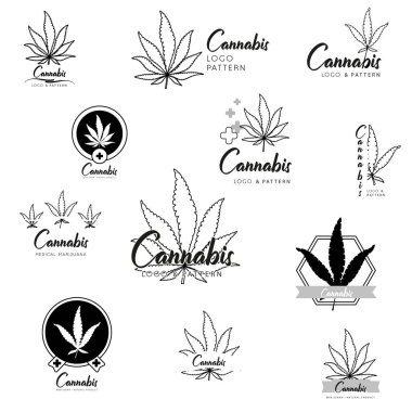 Marihuana, kenevir ikonları. Tıbbi marihuana ikonu seti. Uyuşturucu. 
