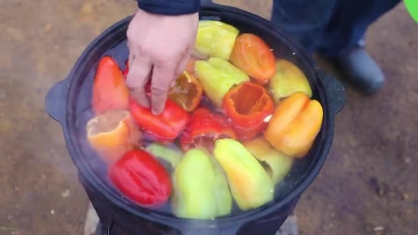 Poivron cru dans une casserole — Video