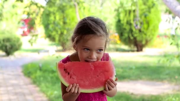 Menina bonita comendo melancia no país, ao ar livre, menina sorrindo — Vídeo de Stock