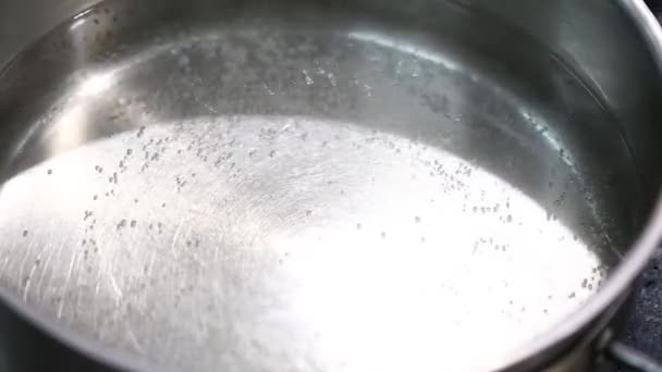Вода кипит в кастрюле — стоковое видео