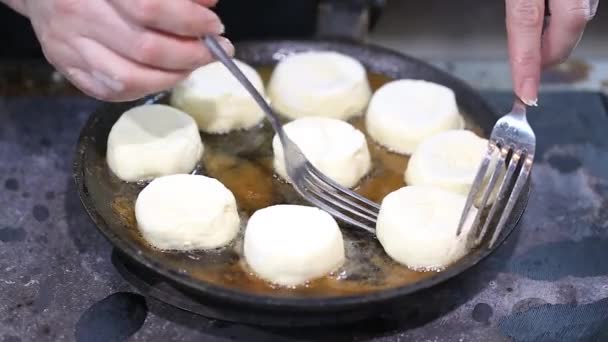 Cheese cakes fried in a pan — Stock Video