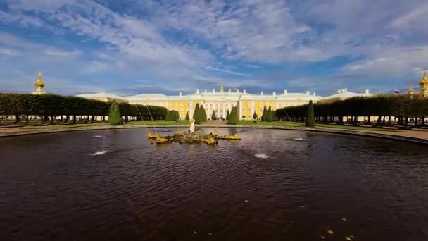 Фонтаны Петергофа с видом на дворец — стоковое видео