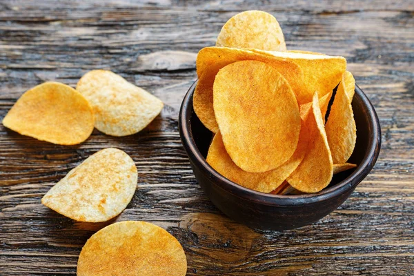 Crispy potato chips top view.