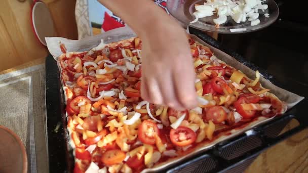 La chica está cocinando pizza en casa — Vídeos de Stock