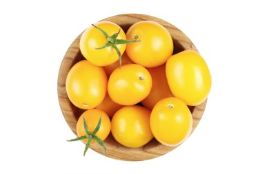 Sarı domates izole bir ahşap plaka