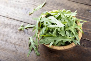 Taze roka yaprakları, rucola, bir tabak içinde taze rucola fo uzay