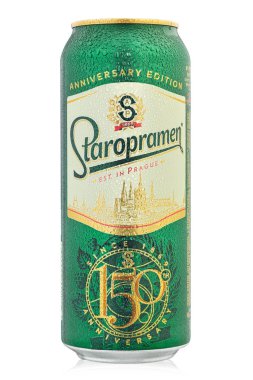 Beyaz üzerine Staropramen alüminyum bira kutusu. Staropramen Bira Fabrikası