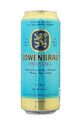 Lowenbrau, beyaz arka planda bir kutu bira. Lowenbrau bir Brewe.