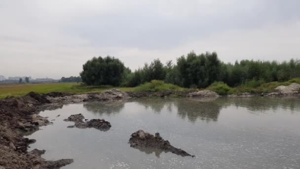 Стагнирующая Вода Раскопанной Области Грязная Вода Результате Экологических Проблем — стоковое видео