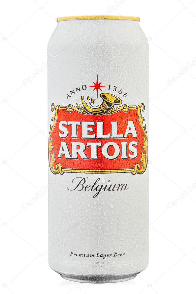 Ukraine, Kiev - December 27, 2019: Aluminium can of Stella Artois beer on white background. File contains clipping path