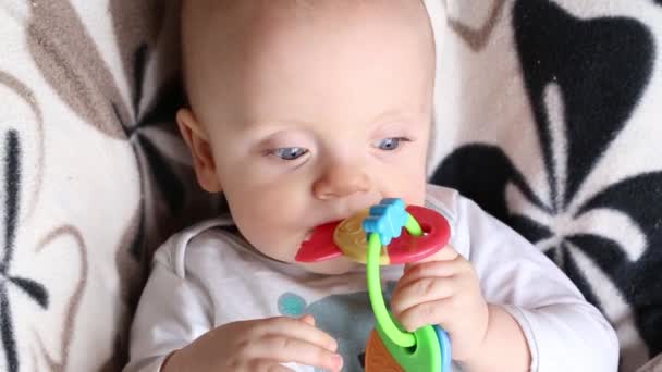 Baby met een plastic knaagdier zit in een kinderstoel. — Stockvideo