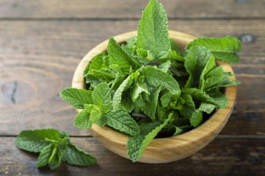 Fresh mint in a plate on a wooden background. decor for refreshi